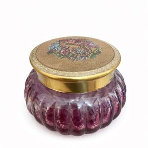 Vintage Avon 1970s Faux Needlepoint Powder Jar | Purple Glass Vanity Container